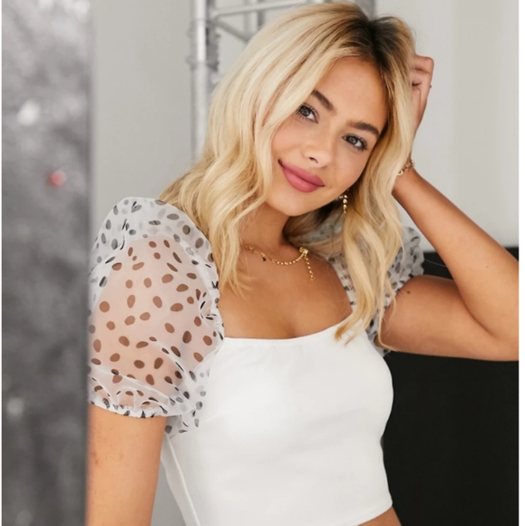 NWOT ASOS Design Polka Dot Organza puff sleeve crop top - Picture 5 of 5